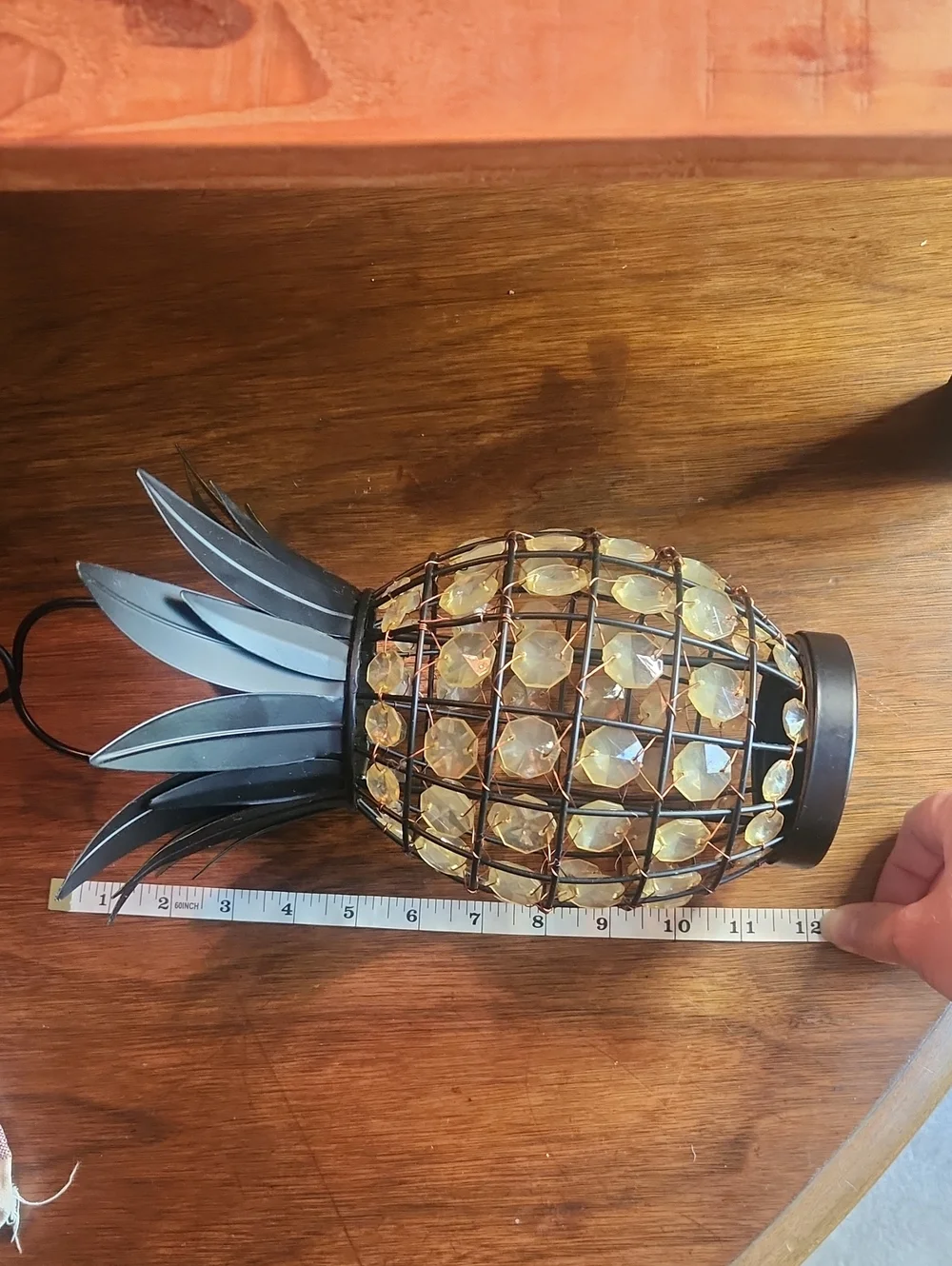 Set of 2 Metal Pineapple Candle Lanterns Amber Crystal Beads Bronze